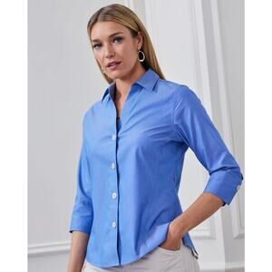 Foxcroft Womens 14 Blue Non Iron 3/4 Sleeve Cotton Button Up Work Shirt Top